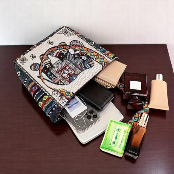 Black Elephant Embroidered Tote Bag Jacquard Fabric Boho - Picture 6 of 13